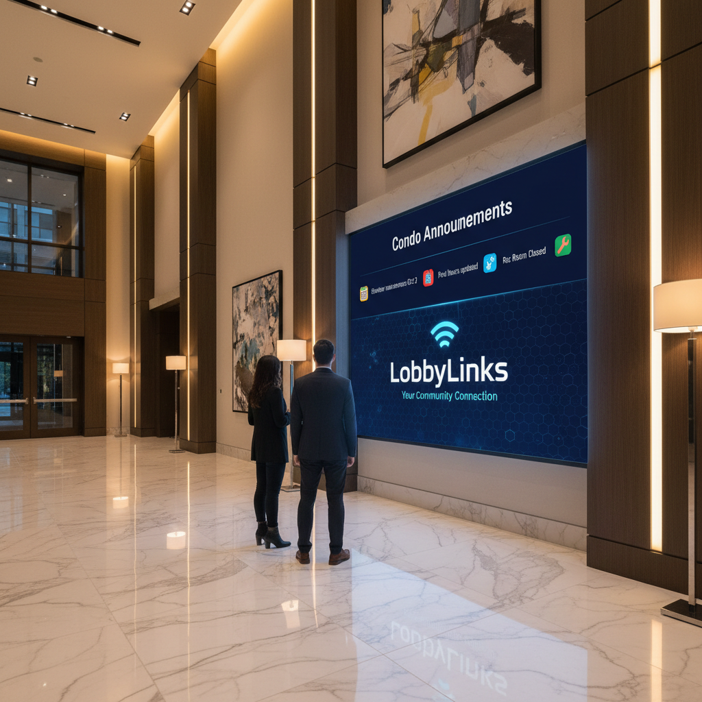 Two people viewing a digital advertisement screen in a building lobby